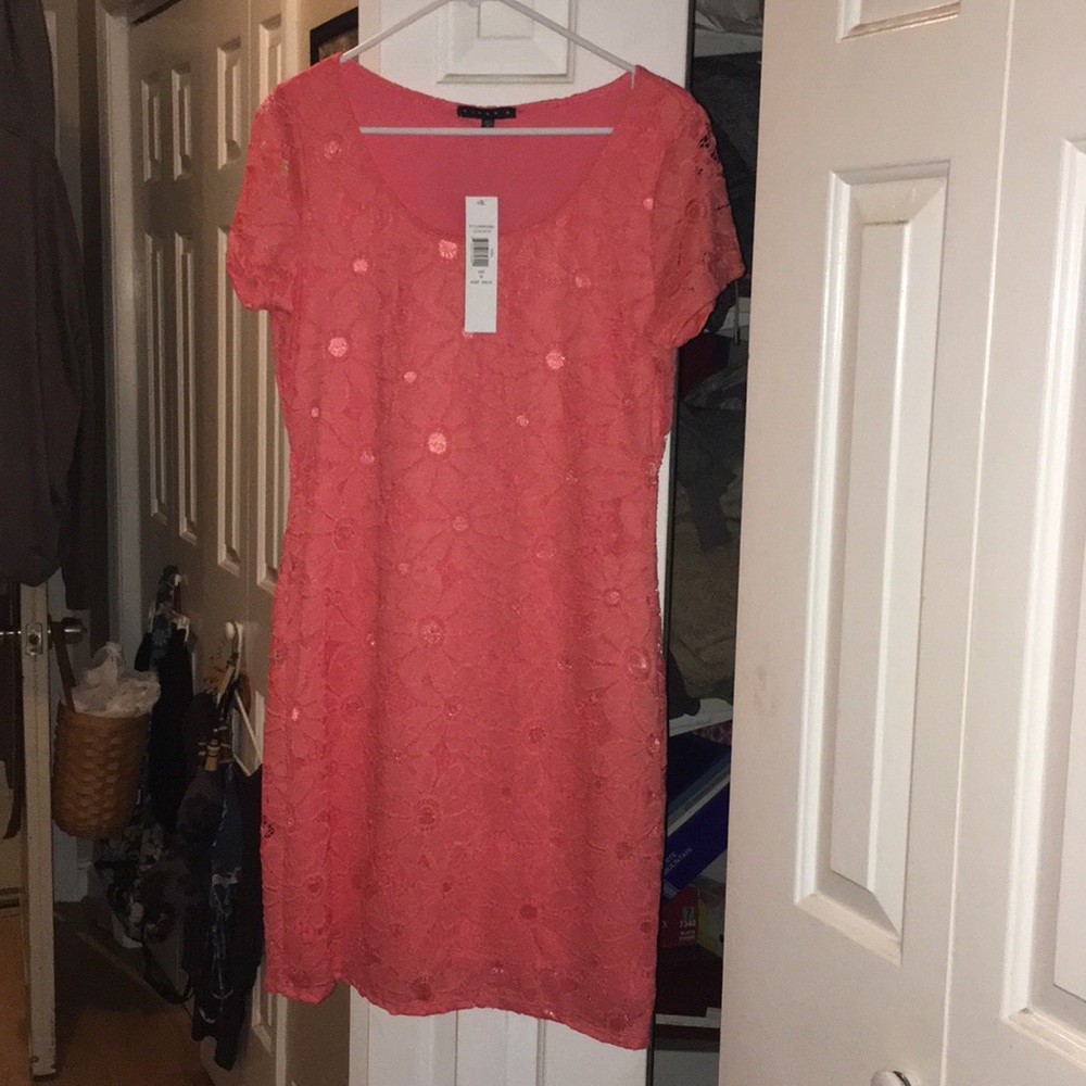 Tiana B. Coral lace dress.
